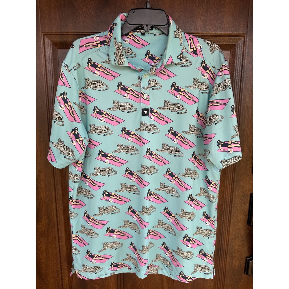 Bad Birdie Men Core Performance Golf Polo Retro Palm Springs Leopard Theme SZ L